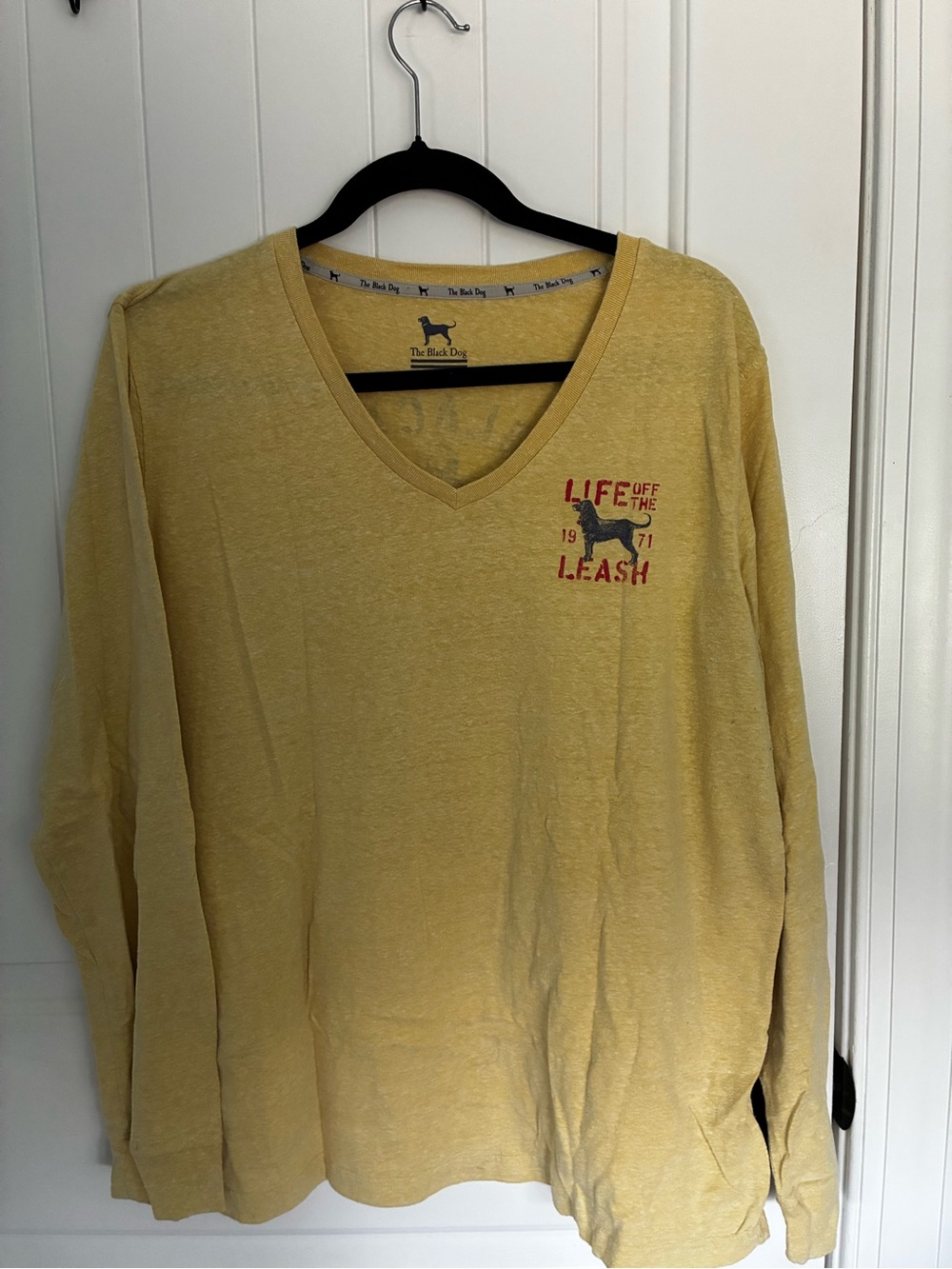 The Black Dog Women’s V-Neck Long Sleeve Shirt - Light Yellow with Red Logo